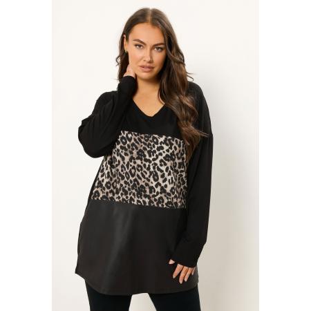 Yours Curve Zwarte Trui Met Faux Leather Luipaard Blok Size 54-56
