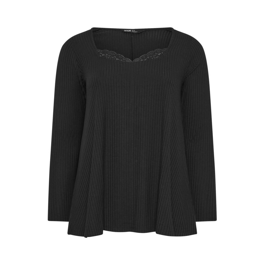 Yours Plus Size Black Lace Insert Ribbed Top Size 42 Zwart