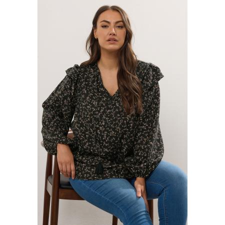 Yours Curve Zwarte Top Met Ditsy Leaf Print En Volant Size 66-68