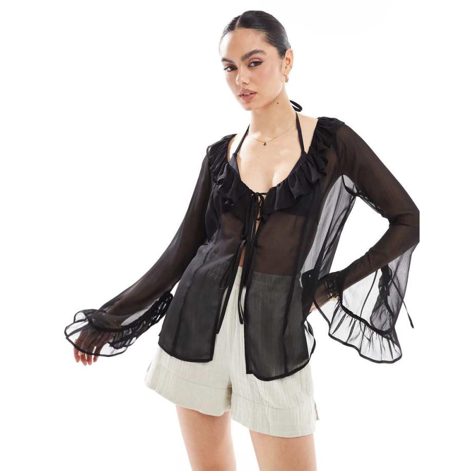 Miss Selfridge Strandtop van chiffon met gestrikte voorkant in zwart Zwart