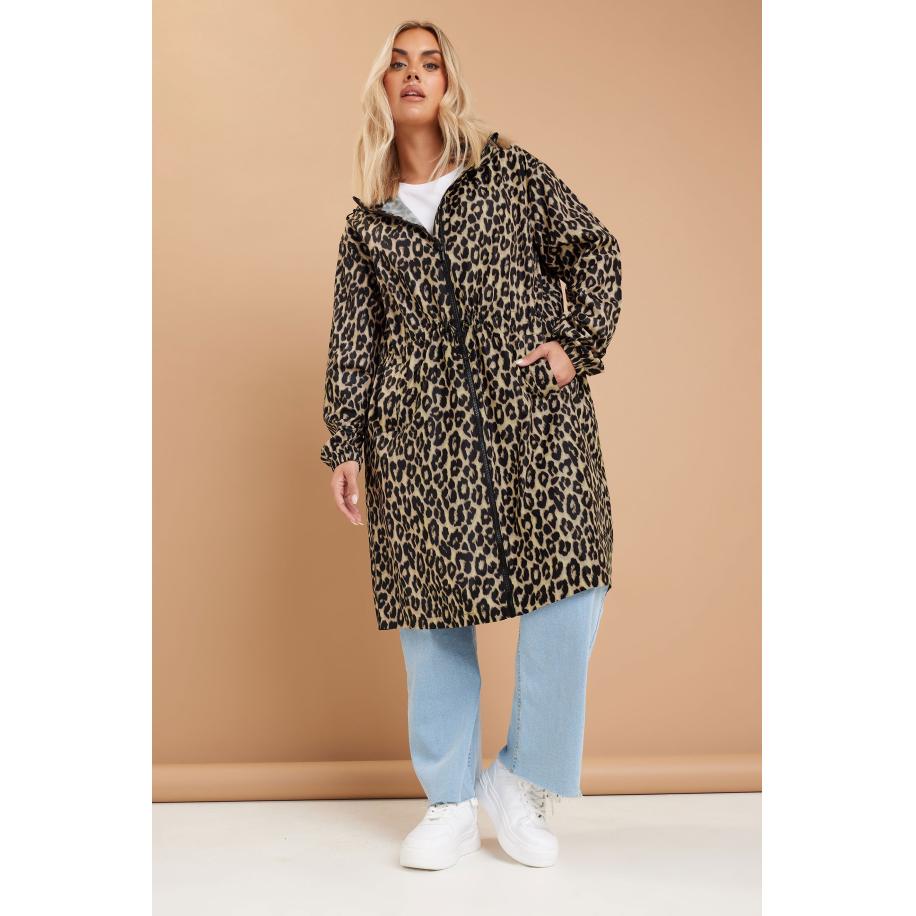 Yours Lichtgewicht Parka In Een Lang Ontwerp Met Luipaardprint En Capuchon In Bruin Size 54-56 Bruin