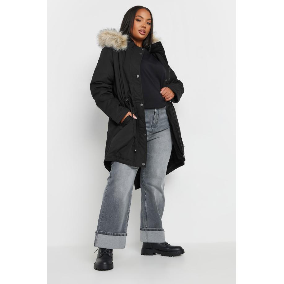 Yours Parka Met Rand Van Imitatiebont Langs Capuchon In Zwart Size 66-68 Zwart