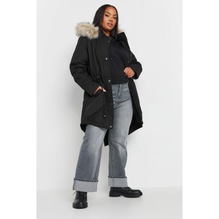 Yours Parka Met Rand Van Imitatiebont Langs Capuchon In Zwart Size 66-68