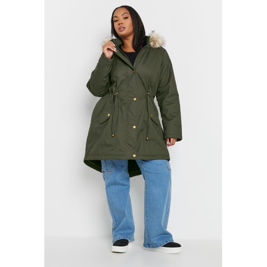 Yours Parka Met Rand Van Imitatiebont Langs Capuchon In Kakigroen Size 66-68 Groen