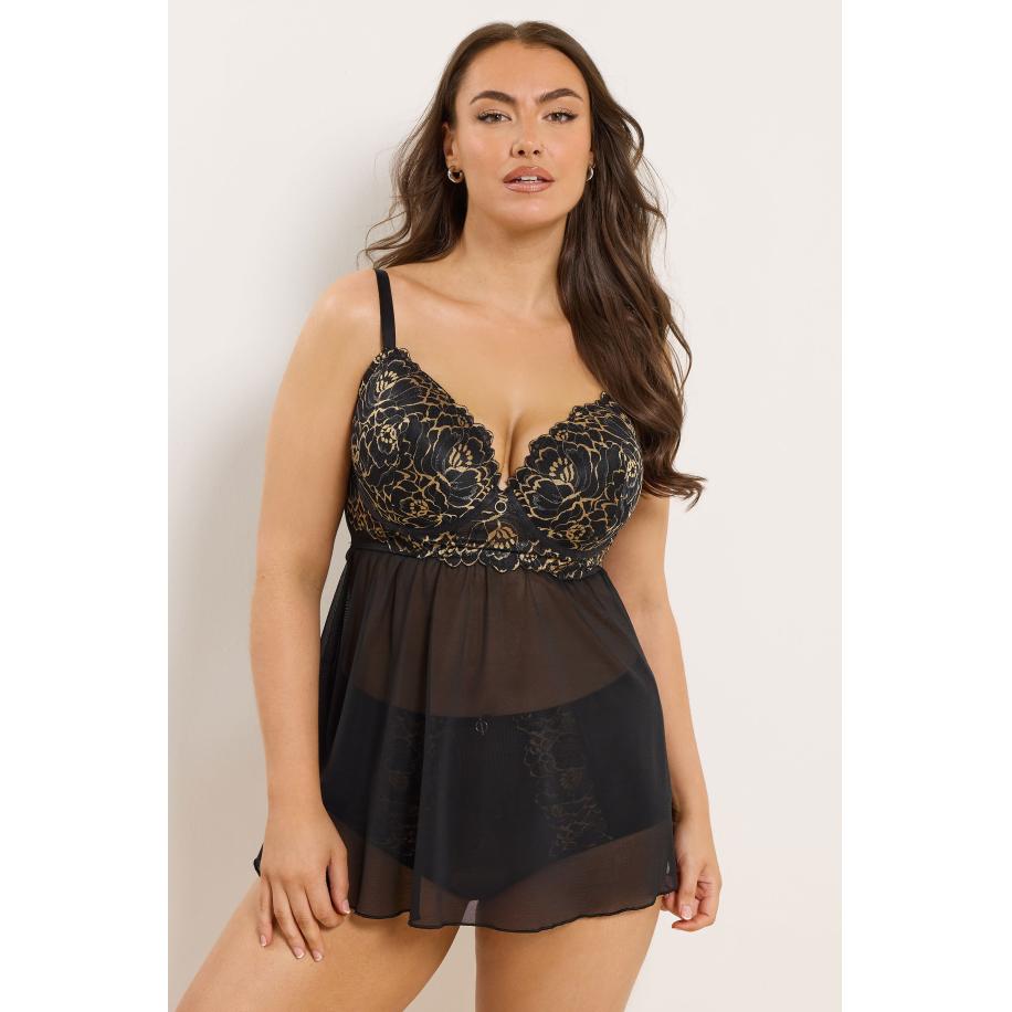Yours Curve Zwart & Goud Bloemenprint Babydoll Size 110J Zwart