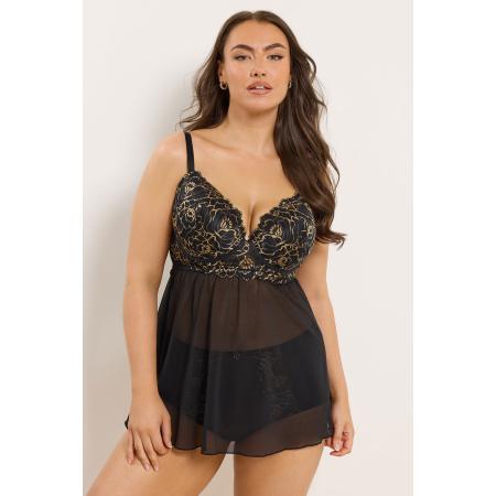 Yours Curve Zwart & Goud Bloemenprint Babydoll Size 110J