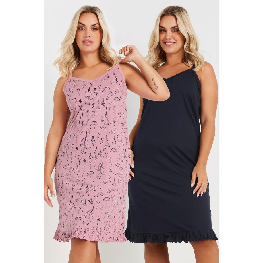 Yours Twee Paar Nachthemden Met Bloemenmotief In Roze/Donkerblauw Size 58-60 Roze