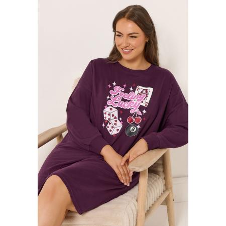 Yours Curve Bordeauxrood 'Feeling Lucky' Maxinachthemd Met Lange Mouwen Size 66-68