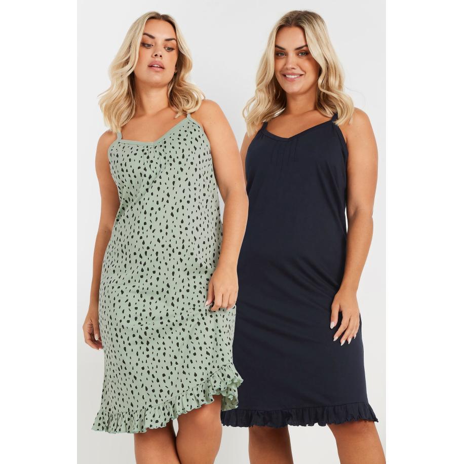 Yours Twee Paar Nachthemden Met Dalmatiërprint In Saliegroen/Zwart Size 62-64 Groen