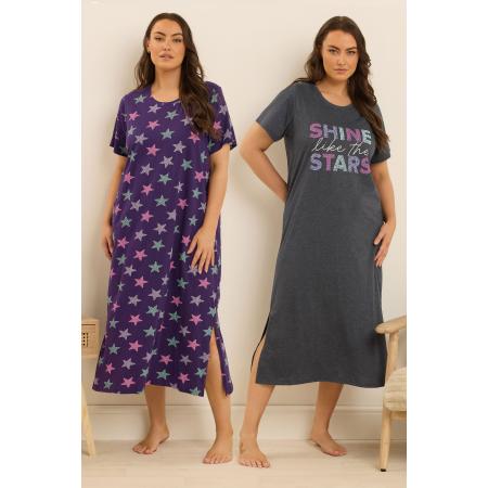 Yours Curve 2 Pack Grijze Shine Like The Stars Midaxi Nachthemden Size 66-68