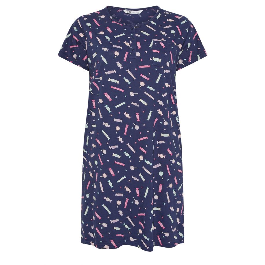 Yours Curve Marineblauw Midaxinachthemd Met Zoete Print En Knoopsluiting Size 58-60 Grijs