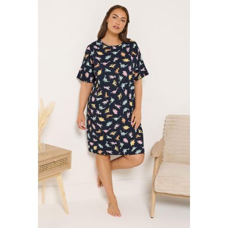 Yours Curve Marineblauw 'Dinosnore' Print Midaxi Slaapshirt Nachthemd Size 66-68