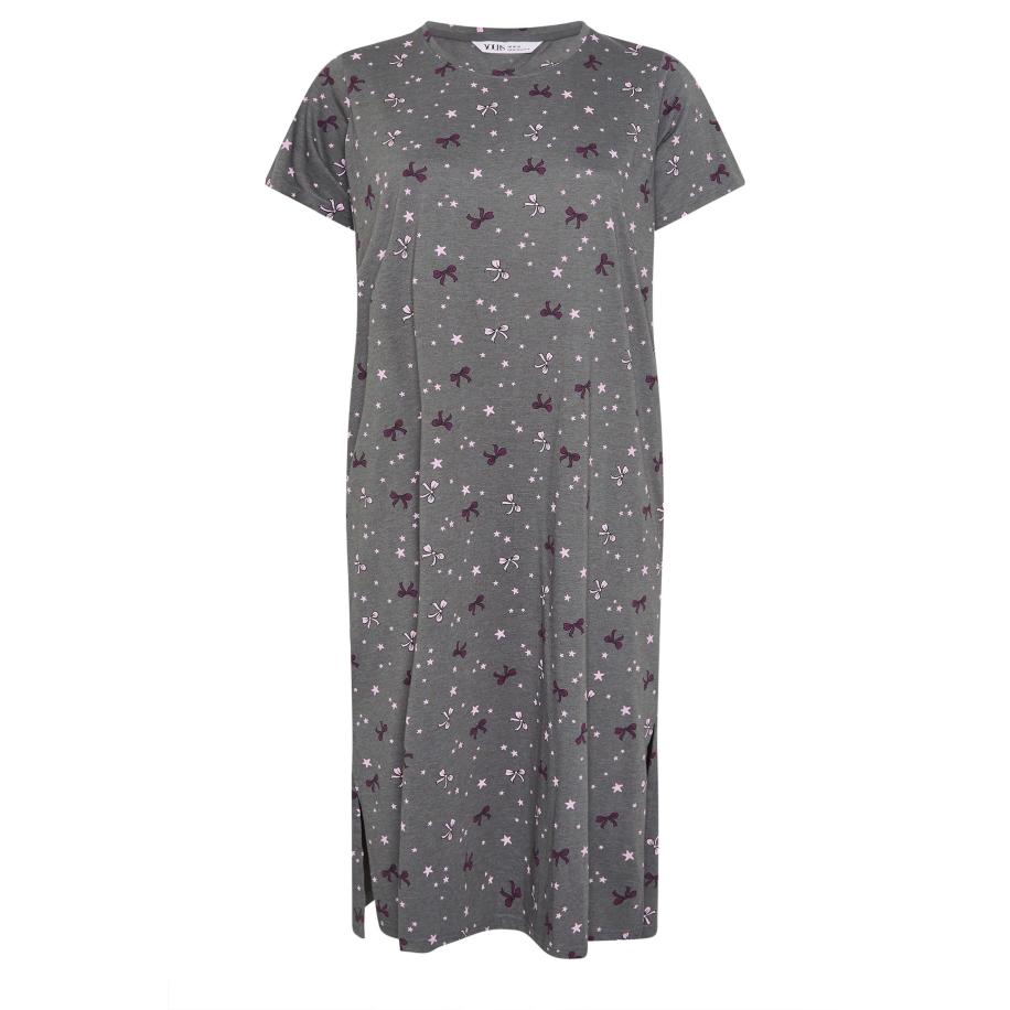 Yours Curve Grijze Maxinachthemd Met Strik En Sterprint Size 58-60 Grijs