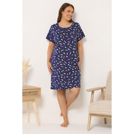 Yours Curve Marineblauw Midaxinachthemd Met Zoete Print En Knoopsluiting Size 58-60