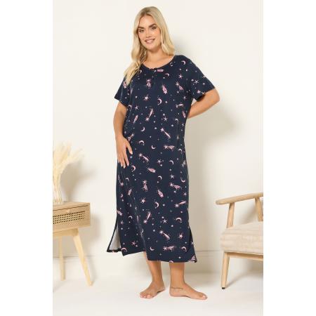 Yours Curve Marineblauwe Nachtjapon Met Zachte Ster En Knoopsluiting Size 50-52