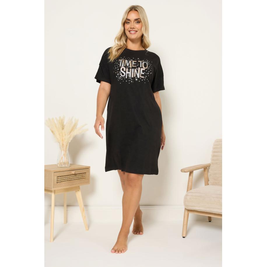 Yours Curve Zwart 'Time To Shine' Slaap Tshirt Nachthemd Size 66-68 Zwart