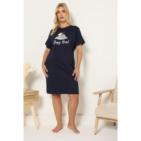 Yours Curve Marineblauwe 'Sleepy Head' Luiaard Slaap Tshirt Nachthemd Size 66-68