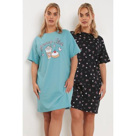 Yours Set Van Twee Paar Nachthemden Met 'Brunch Club' Slogan In Blauw/Zwart Size 66-68