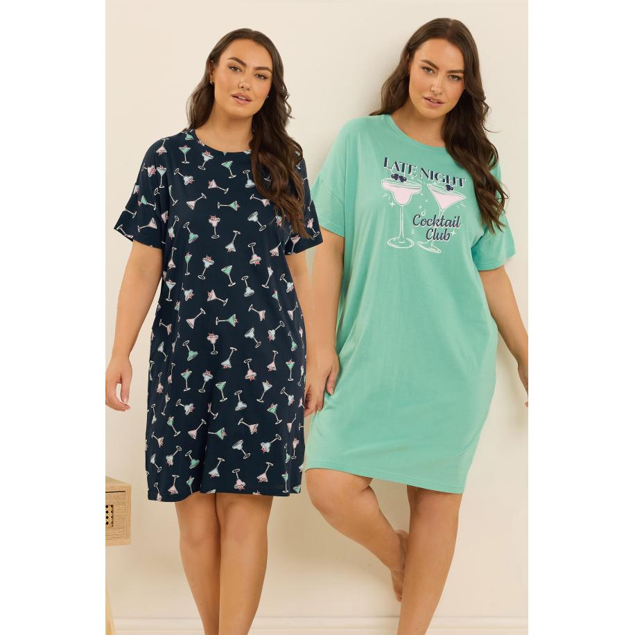 Yours 2 Pack Curve Groene Cocktail Print Slaap Tshirt Nachthemden Size 58-60 Groen