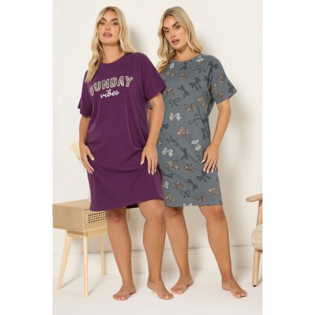 Yours 2 Pack Curve Burgundy Red 'Sunday Vibes' Slaap Tshirt Nachthemden Size 66-68