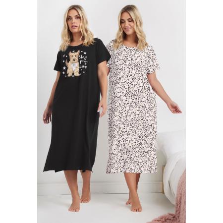 Yours Set Van Twee Paar Midaxi Nachthemden Met 'Stay Pawsitive' Slogan In Zwart/Beige Size 66-68