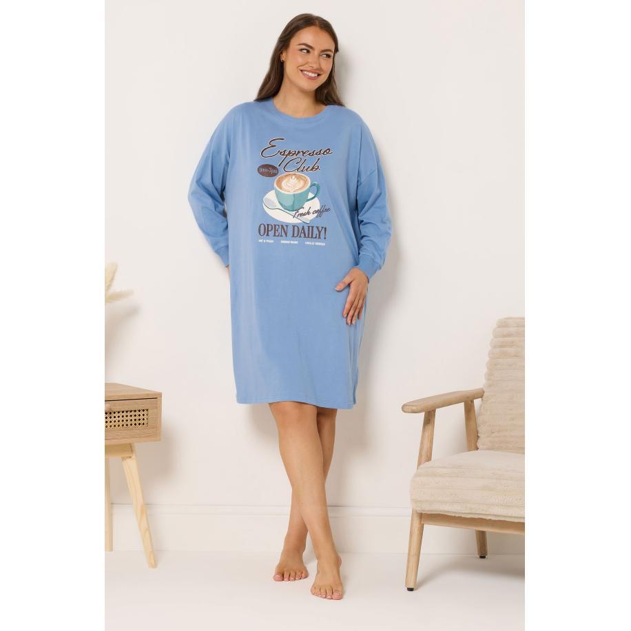 Yours Blauw Espresso Club Nachthemd Met Lange Mouwen Size 66-68 Blauw