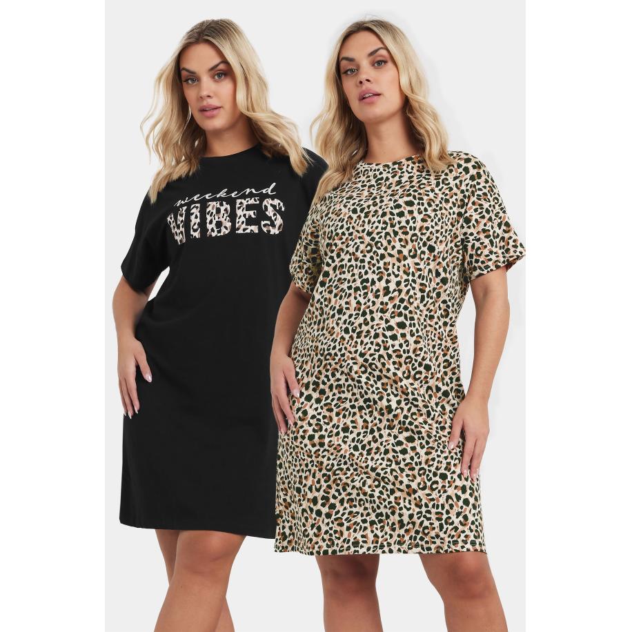 Yours Set Van Twee Paar Nachthemden Met 'Weekend Vibes'slogan En Luipaardprint In Zwart Size 54-56 Zwart