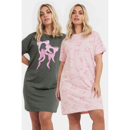 Yours Set Van Twee Paar Nachthemden Met Strikontwerp In Grijs/Roze Size 66-68