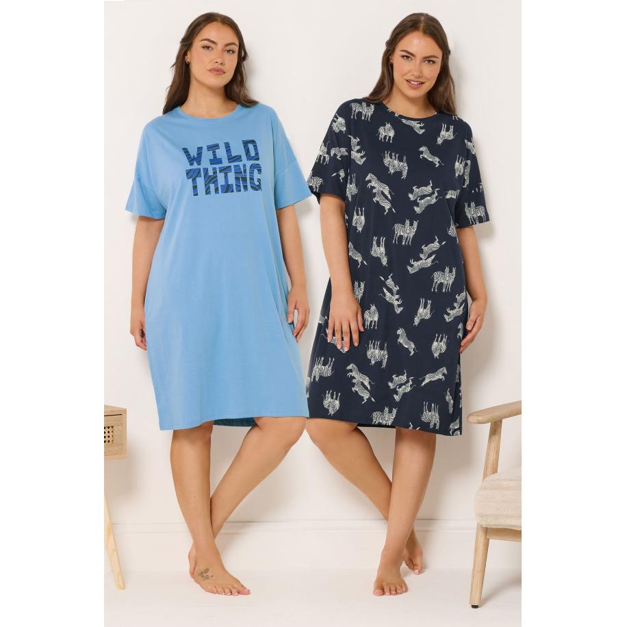 Yours 2 Pack Curve Blauwe Wild Thing Nachthemden Size 66-68 Blauw