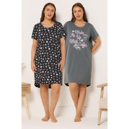 Yours 2 Pack Curve Grijze Wake Me Up With Coffee Nachthemden Size 66-68