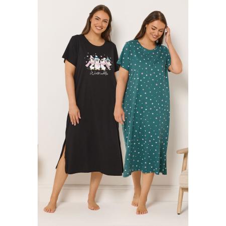 Yours 2 Pack Zwarte Winter Cuddles Midaxinachthemden Size 66-68