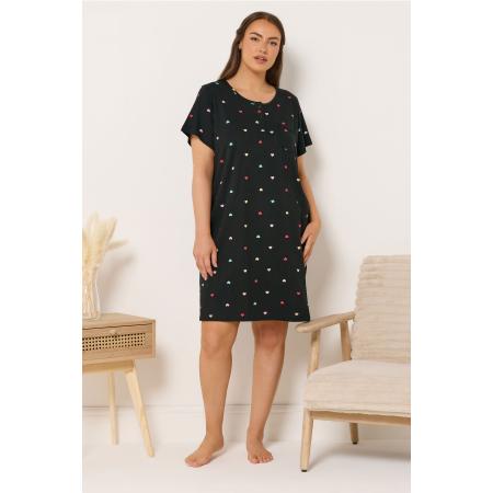 Yours Zwart Nachthemd Met Hartjes En Knoopsluiting Size 66-68