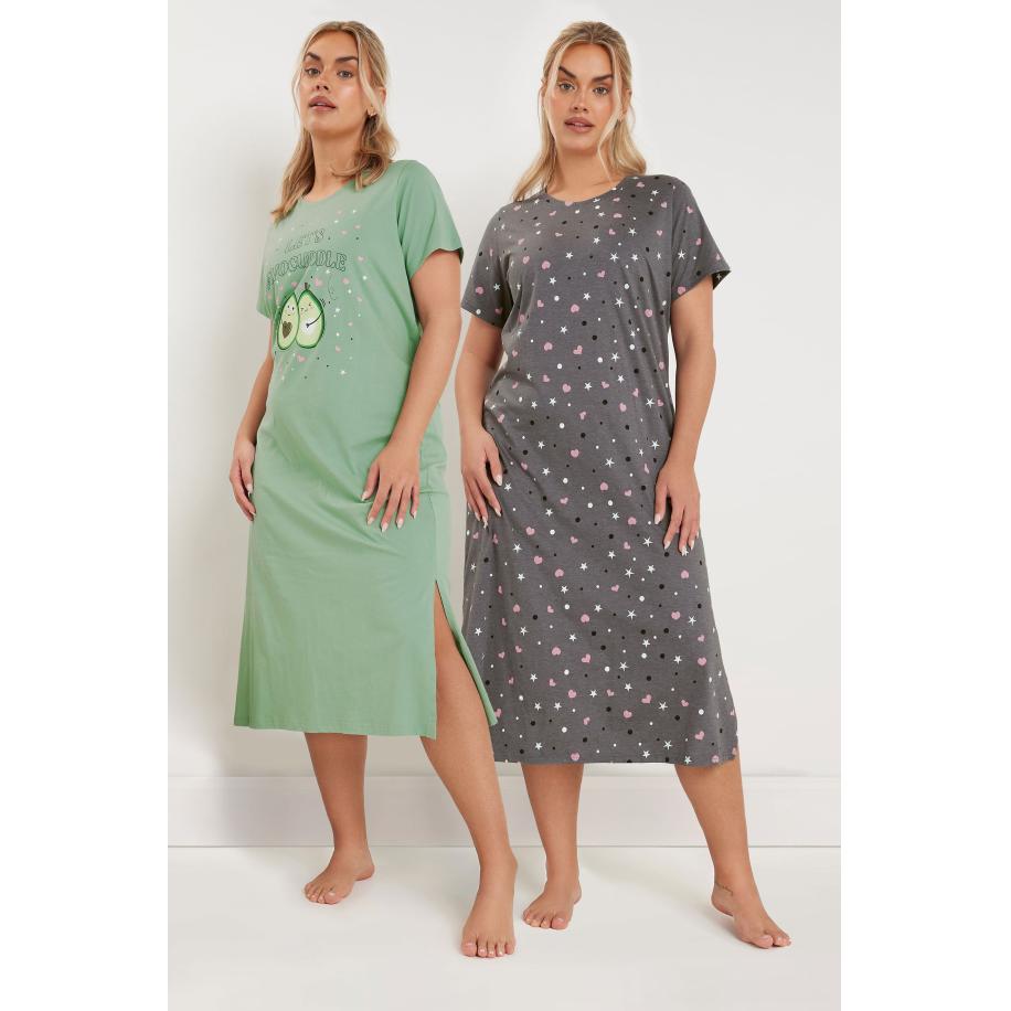 Yours Set Van Twee Paar Midaxi Nachthemden Met 'Let's Avocuddle' Slogan In Lichtgroen/Grijs Size 66-68 Groen