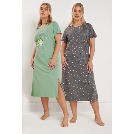 Yours Set Van Twee Paar Midaxi Nachthemden Met 'Let's Avocuddle' Slogan In Lichtgroen/Grijs Size 66-68