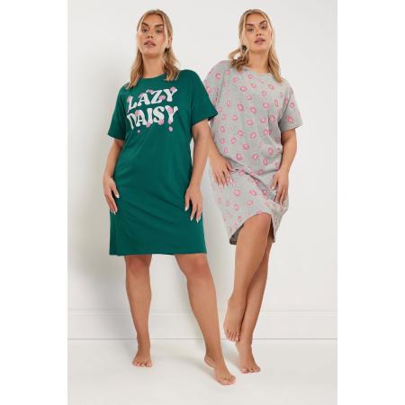 Yours Set Van Twee Paar Nachthemden Met 'Lazy Daisy' Slogan In Groen/Lichtgrijs Size 66-68