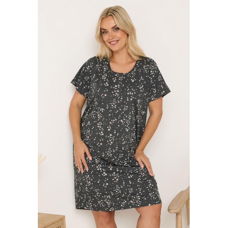 Yours Antracietgrijze Nachtjapon Met Sterren En Knoopsluiting Size 66-68 Grijs