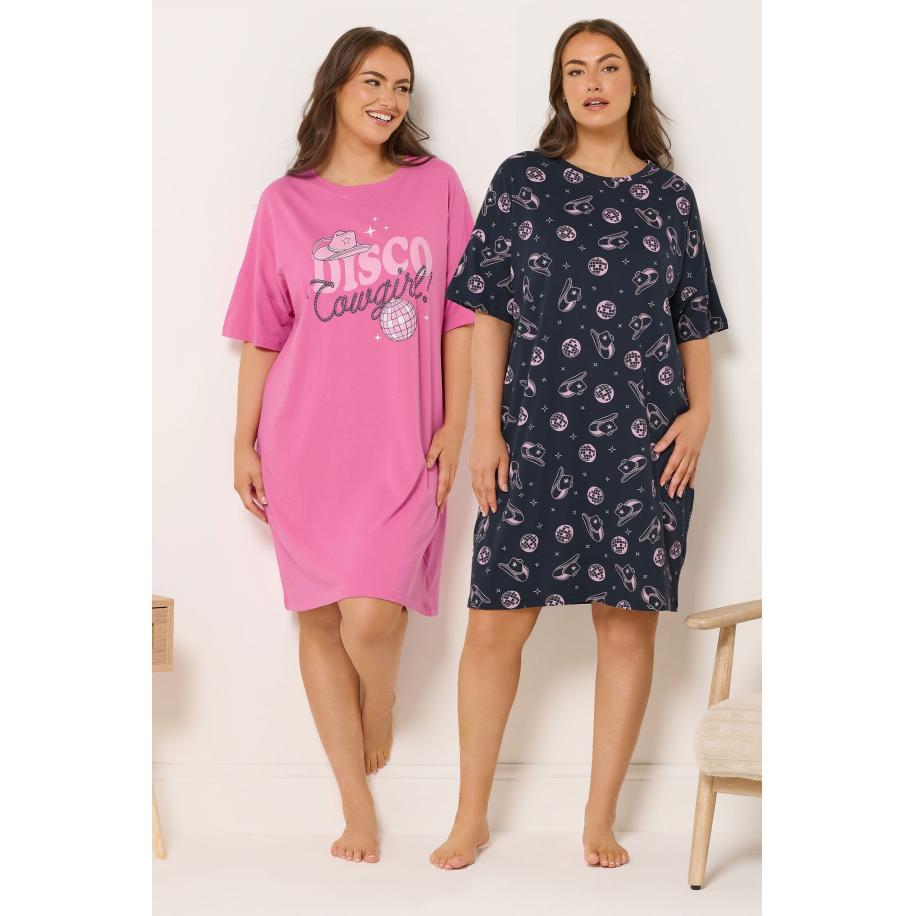 Yours Set Van Twee Paar Nachthemden Met 'Disco Cowgirl' Slogan In Roze Size 66-68 Roze