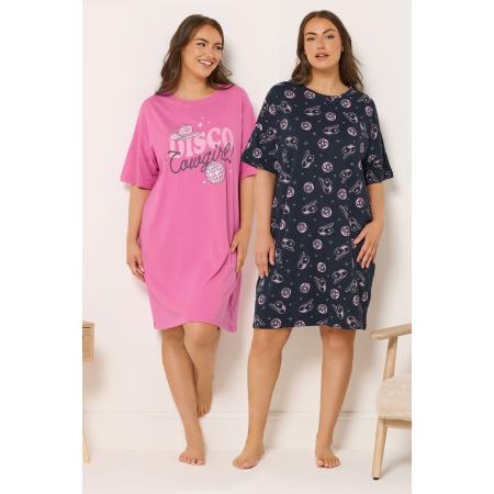 Yours Set Van Twee Paar Nachthemden Met 'Disco Cowgirl' Slogan In Roze Size 66-68