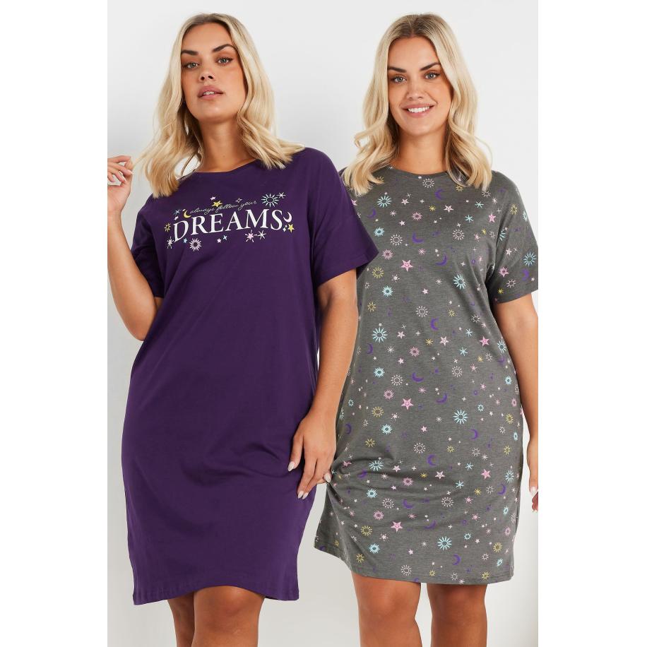 Yours Twee Paar Nachthemden Met 'Follow Your Dreams' Slogan In Paars/Grijs Size 62-64 Paars