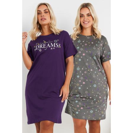 Yours Twee Paar Nachthemden Met 'Follow Your Dreams' Slogan In Paars/Grijs Size 62-64