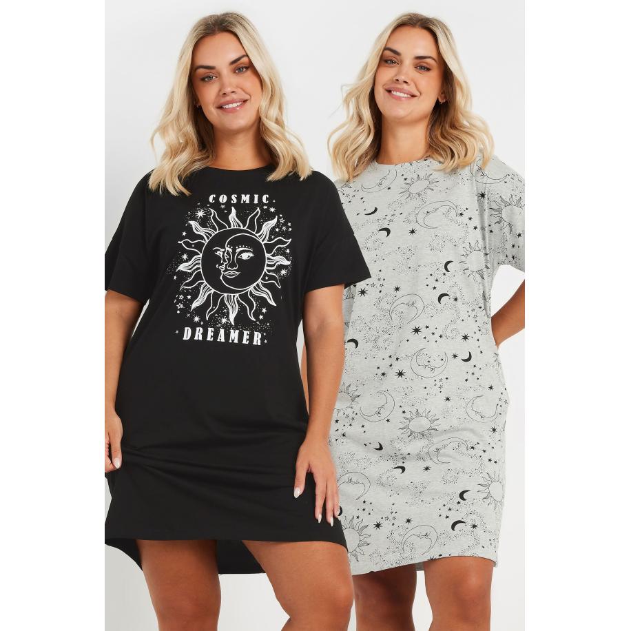 Yours Twee Paar Nachthemden Met 'Cosmic Dreamer' Slogan In Zwart/Grijs Size 62-64 Zwart