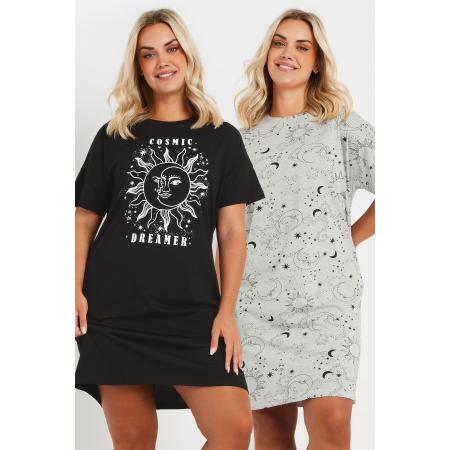 Yours Twee Paar Nachthemden Met 'Cosmic Dreamer' Slogan In Zwart/Grijs Size 62-64