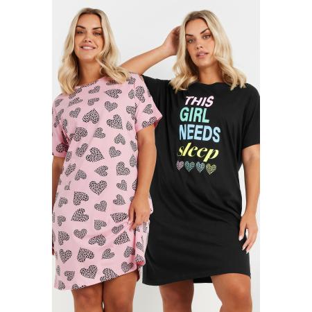 Yours Twee Paar Nachthemden Met 'This Girl Needs Sleep' Slogan In Zwart/Roze Size 62-64
