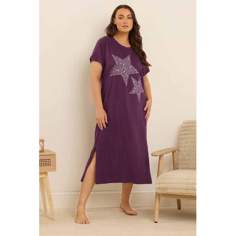 Yours Curve Roze Starry Night Midaxi Nachthemd Size 66-68 Paars
