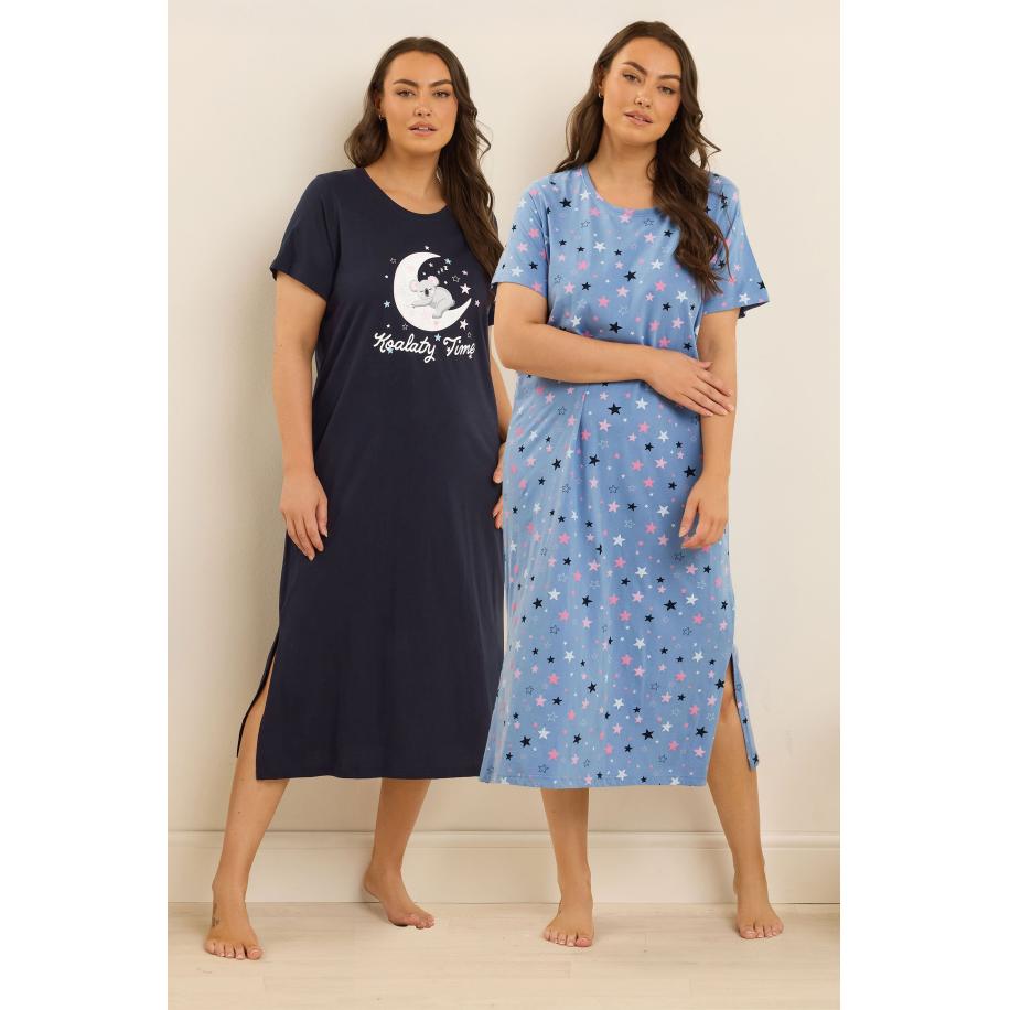 Yours Curve 2Pack Marineblauwe Koalaty Time Midaxi Nachthemden Size 66-68 Blauw