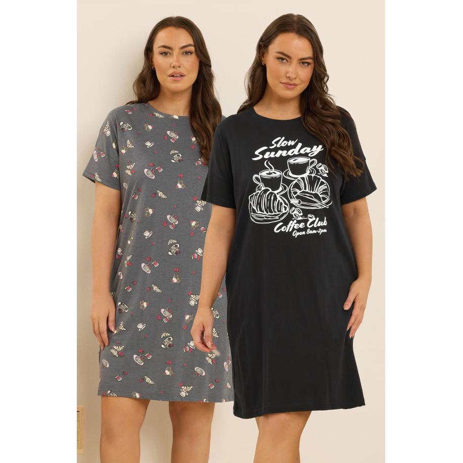 Yours 2 Pack Curve Black Coffee Club Slaap Tshirt Nachthemden Size 58-60 Zwart