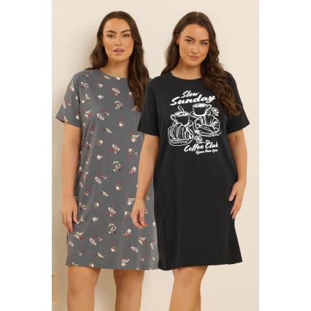 Yours 2 Pack Curve Black Coffee Club Slaap Tshirt Nachthemden Size 58-60