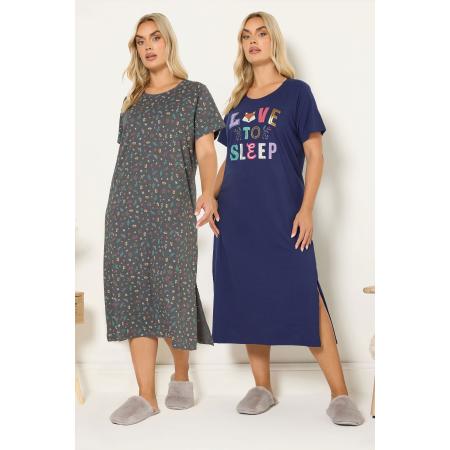 Yours Curve 2Pack Marineblauwe 'Love To Sleep' Midaxi Nachthemden Size 62-64