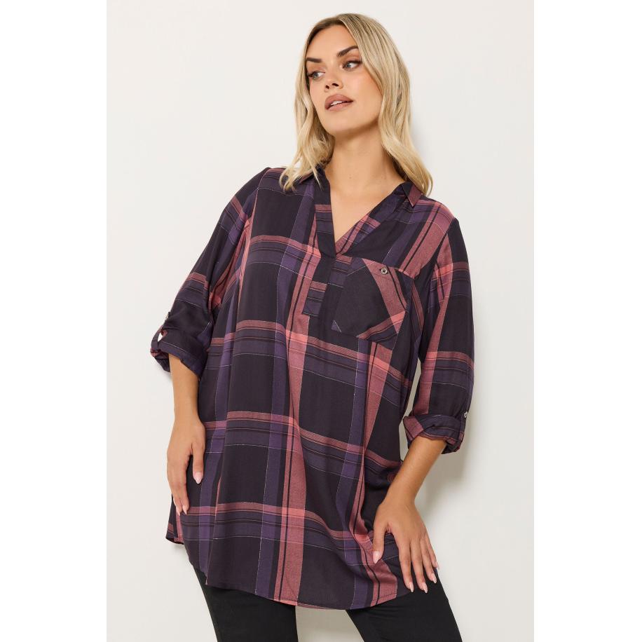 Yours Curve Marineblauw & Roze Geruit Overhemd Size 66-68 Blauw