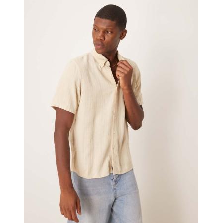 Abercrombie & Fitch - Getextureerd overhemd van linnenmix met kraagje en korte mouwen in crème-Wit